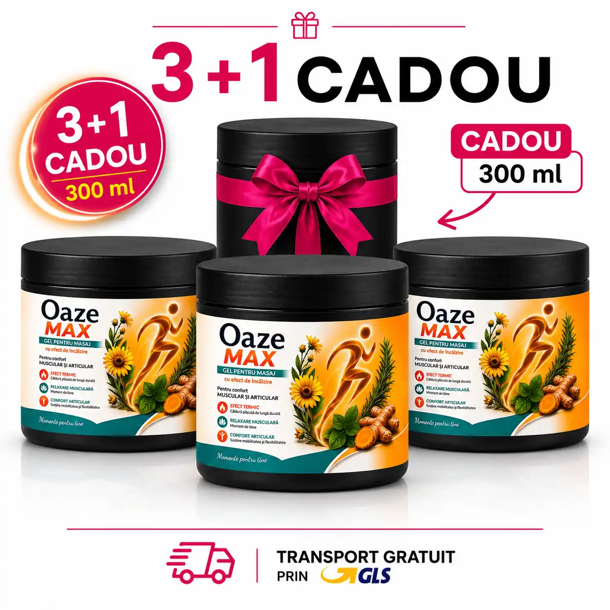 Pachet Oaze MAX 3+1 – 3 Flacoane Gel Masaj cu Efect de Încălzire + 1 Gel Cadou | Ortofino 3 pachet gel masaj termic